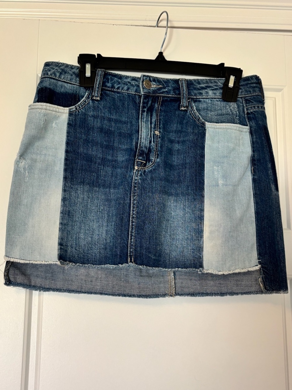 Cello Two-Tone Denim Patchwork Mini Skirt in Dark and Light Blue